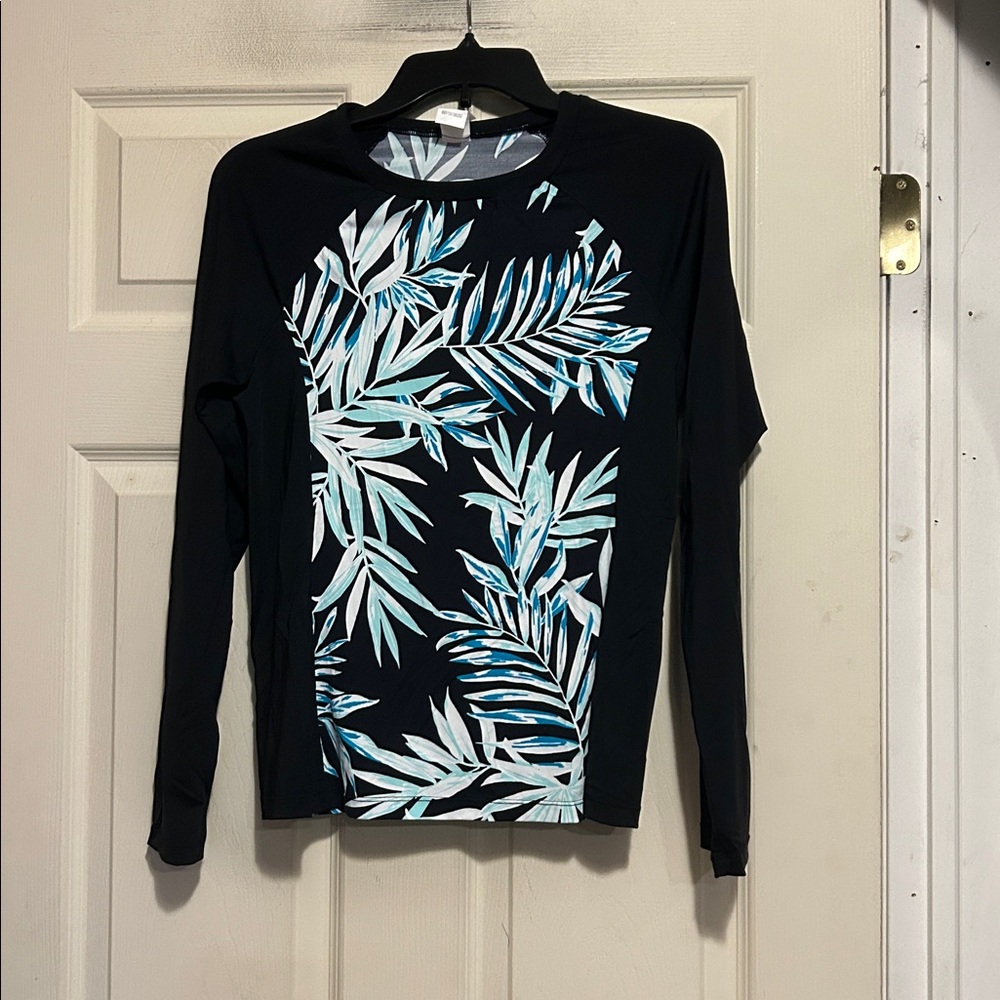Apt 9 Black White and Teal Tropical Print Swim Shirt / Rash Guard Size Large